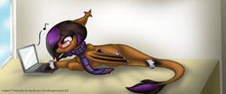 Size: 1316x550 | Tagged: safe, artist:firedragonmoon15, derpibooru import, oc, pony, bat wings, black wings, bored, brown mane, cigarette, clothes, colored wings, computer, glasses, laptop computer, lying, orange wings, pink mane, scarf, solo, two toned mane, two toned wings, wings