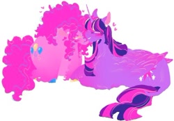 Size: 400x279 | Tagged: safe, alternate version, artist:rareapples, derpibooru import, pinkie pie, twilight sparkle, twilight sparkle (alicorn), alicorn, earth pony, 2d, colored, digital art, ear piercing, earring, female, happy, horn, hug, jewelry, lesbian, looking at each other, looking at someone, love, mare, piercing, shipping, smiling, smiling at each other, standing, wings
