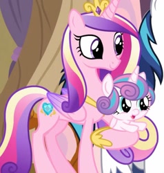 Size: 1543x1619 | Tagged: safe, derpibooru import, screencap, princess cadance, princess flurry heart, shining armor, alicorn, pony, once upon a zeppelin, airship, baby, baby pony, big eyes, cropped, cute, female, flurrybetes, mother and child, mother and daughter, parent and child, zeppelin