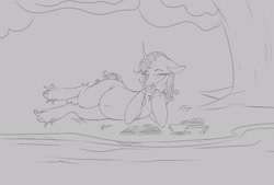 Size: 2054x1388 | Tagged: safe, artist:astr0zone, derpibooru import, oleander, unicorn, them's fightin' herds, belly button, book, chubby, community related, cup, donut, eating, female, food, grayscale, lying down, monochrome, on side, sketch, solo, tree