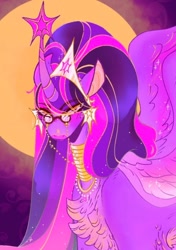 Size: 540x766 | Tagged: safe, alternate version, artist:rareapples, derpibooru import, twilight sparkle, twilight sparkle (alicorn), alicorn, 2d, collar, digital art, female, glasses, long hair, looking at you, mare, ponytail, smiling, spread wings, wings