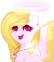 Size: 1085x1247 | Tagged: safe, artist:angellightyt, derpibooru import, oc, oc only, oc:angel light, pegasus, pony, base used, bust, colored wings, ear piercing, female, halo, jewelry, mare, necklace, pegasus oc, piercing, simple background, smiling, solo, transparent background, two toned wings, wings