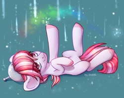 Size: 2000x1586 | Tagged: safe, artist:shelti, derpibooru import, oc, oc only, oc:sugar moonlight, earth pony, pony, colored hooves, colored pupils, happy, lying down, on back, smiling, solo