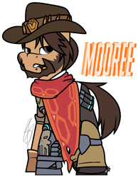 Size: 944x1216 | Tagged: safe, artist:eivilpotter, derpibooru import, mccree, oc, oc only, earth pony, pony, ammunition, beard, clothes, crossover, facial hair, gauntlet, hat, male, overwatch, poncho, simple background, solo, stallion, text