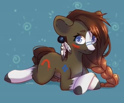 Size: 2000x1652 | Tagged: safe, artist:shelti, derpibooru import, oc, oc only, pony, blaze (coat marking), blushing, braid, coat markings, colored pupils, ear piercing, earring, facial markings, feather, female, jewelry, looking at you, lying down, mare, piercing, prone, socks (coat marking), solo, unshorn fetlocks