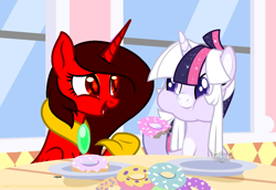 Size: 1078x741 | Tagged: safe, artist:firedragonmoon15, derpibooru import, oc, oc:phoenix scarletruby, alicorn, pony, brown mane, donut, eating, food, hoof shoes, jewelry, looking at each other, looking at someone, necklace, plate, purple eyes, red coat, red eyes, red wings, show accurate, table, talking, window, wings