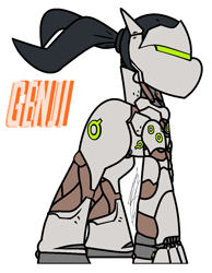Size: 880x1136 | Tagged: safe, artist:eivilpotter, derpibooru import, oc, oc only, earth pony, pony, armor, big pony, crossover, genji (overwatch), overwatch, simple background, solo, text