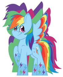 Size: 1096x1336 | Tagged: safe, artist:eivilpotter, derpibooru import, rainbow dash, pegasus, pony, colored, colored wings, female, flat colors, mare, multicolored wings, rainbow power, simple background, solo, spread wings, starry eyes, wingding eyes, wings