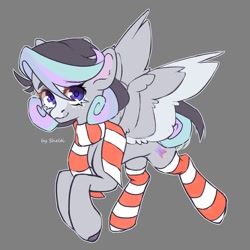 Size: 2000x2000 | Tagged: safe, artist:shelti, derpibooru import, oc, oc only, pegasus, pony, clothes, colored pupils, colored wings, colored wingtips, commission, female, flying, gray background, mare, scarf, simple background, sketch, socks, solo, spread wings, striped socks, wings