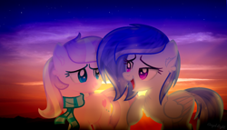 Size: 1424x812 | Tagged: safe, artist:angellightyt, derpibooru import, oc, oc only, earth pony, pegasus, pony, base used, clothes, duo, earth pony oc, eyelashes, female, mare, pegasus oc, scarf, sunset