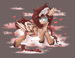 Size: 2048x1585 | Tagged: safe, artist:shelti, derpibooru import, oc, oc only, oc:ondrea, pegasus, pony, cloud, colored pupils, female, gift art, heart, looking at you, lying down, mare, partially open wings, prone, skill, sky, solo, unshorn fetlocks, wings