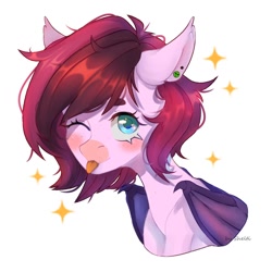 Size: 1024x1024 | Tagged: safe, artist:shelti, derpibooru import, oc, oc only, oc:bree berry, bat pony, pony, :p, bat wings, bust, colored pupils, commission, ear fluff, ear piercing, earring, ears, female, jewelry, mare, one eye closed, piercing, simple background, solo, tongue, tongue out, white background, wings, wink