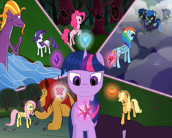 Size: 4974x3980 | Tagged: safe, artist:finirim, derpibooru import, applejack, fluttershy, pinkie pie, rainbow dash, rarity, twilight sparkle, unicorn twilight, earth pony, manticore, pegasus, pony, sea serpent, unicorn, friendship is magic, element of generosity, element of honesty, element of kindness, element of laughter, element of loyalty, element of magic, elements of harmony, shadowbolts