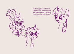 Size: 800x582 | Tagged: safe, artist:anonymous, twilight sparkle, /mlp/, alternate design, collar, comparison, disgusted, drawthread, glasses, inverted cross, monochrome, redesign, scared