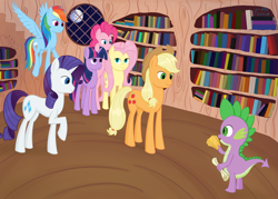 Size: 5025x3590 | Tagged: safe, artist:finirim, derpibooru import, applejack, fluttershy, pinkie pie, rainbow dash, rarity, spike, twilight sparkle, unicorn twilight, dragon, earth pony, pegasus, pony, unicorn, the ticket master, book, library, scroll, window