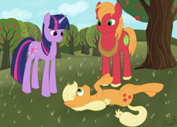 Size: 4493x3210 | Tagged: safe, artist:finirim, derpibooru import, applejack, big macintosh, twilight sparkle, unicorn twilight, earth pony, pony, unicorn, applebuck season, apple, apple tree, food, sweet apple acres, tree