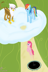 Size: 3012x4520 | Tagged: safe, artist:finirim, derpibooru import, gilda, pinkie pie, rainbow dash, earth pony, griffon, pegasus, pony, griffon the brush off, cloud, jumping, trampoline