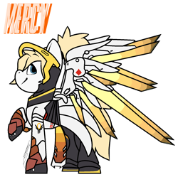 Size: 1392x1384 | Tagged: safe, artist:eivilpotter, derpibooru import, pony, armor, artificial wings, augmented, colored, crossover, female, flat colors, mare, mechanical wing, mercy, overwatch, ponified, simple background, solo, species swap, spread wings, text, wings