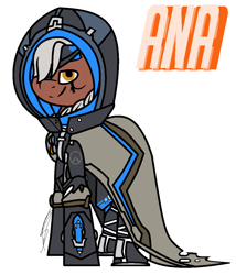 Size: 984x1152 | Tagged: safe, artist:eivilpotter, derpibooru import, oc, oc only, earth pony, ana (overwatch), cape, clothes, colored, crossover, eyepatch, female, flat colors, hood, mare, overwatch, simple background, solo