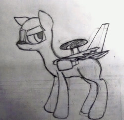 Size: 1394x1352 | Tagged: artist needed, safe, derpibooru import, oc, oc only, original species, plane pony, awacs, e-767, frown, looking at you, pencil drawing, plane, serious, serious face, solo, standing, traditional art, unnamed oc