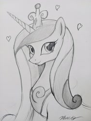 Size: 3060x4080 | Tagged: safe, artist:reekosukanku, derpibooru import, princess cadance, alicorn, pony, bust, crown, cute, female, horn, jewelry, long hair, looking at you, love, mantle, mare, monochrome, pencil drawing, photo, portrait, regalia, simple background, sketch, solo, traditional art