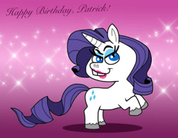 Size: 1016x787 | Tagged: safe, artist:cookie-lovey, derpibooru import, rarity, pony, unicorn, 2014, bucktooth, female, happy birthday, lipstick, looking at you, mare, purple background, rearing, simple background, smiling, smiling at you, solo, sparkles, style emulation, text, the fairly oddparents