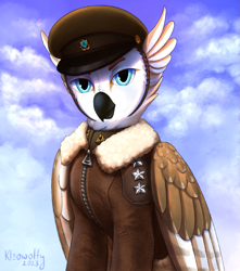 Size: 1417x1606 | Tagged: safe, artist:kleowolfy, derpibooru import, oc, oc only, griffon, equestria at war mod, bomber jacket, bust, clothes, commission, griffon oc, hat, jacket, officer, portrait, solo