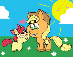 Size: 1016x787 | Tagged: safe, artist:cookie-lovey, derpibooru import, apple bloom, applejack, earth pony, pony, 2014, apple sisters, blank flank, bucktooth, cloud, cute, duo, duo female, female, filly, floating heart, flower, foal, grass, grass field, heart, looking at each other, looking at someone, mare, siblings, sisters, sky, style emulation, sun, the fairly oddparents