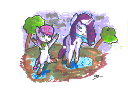 Size: 1024x724 | Tagged: safe, artist:adishu, derpibooru import, rarity, sweetie belle, unicorn, duo, excited, female, filly, foal, mare, mud, muddy hooves, puddle