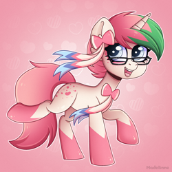 Size: 2500x2500 | Tagged: safe, artist:madelinne, derpibooru import, oc, oc only, pony, unicorn, bow, commission, cute, glasses, happy, pink hair, solo