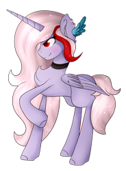 Size: 1841x2496 | Tagged: safe, artist:angellightyt, derpibooru import, oc, oc only, alicorn, pony, alicorn oc, chest fluff, choker, horn, raised hoof, raised leg, simple background, smiling, solo, transparent background, wings