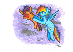 Size: 1024x724 | Tagged: safe, artist:adishu, derpibooru import, rainbow dash, scootaloo, pegasus, pony, cloud, duo, duo female, excited, female, filly, flying, foal, mare, rain, scootalove, wet