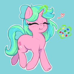 Size: 3000x3000 | Tagged: safe, artist:t72b, derpibooru import, oc, oc only, oc:lily pop, pony, unicorn, bow, candy, eating, eyes closed, female, food, freckles, hair bow, levitation, magic, mare, simple background, solo, tail, tail bow, teal background, telekinesis, trotting, white outline