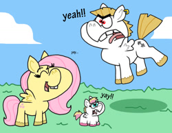 Size: 1016x787 | Tagged: safe, artist:cookie-lovey, derpibooru import, bulk biceps, fluttershy, oc, oc:peggy, pegasus, pony, 2014, baby, baby pony, cloud, eyes closed, family, female, filly, flutterbulk, foal, grass, male, mare, offspring, open mouth, open smile, parent:bulk biceps, parent:fluttershy, parents:flutterbulk, shipping, sky, smiling, stallion, straight, style emulation, teeth, the fairly oddparents, tongue, tongue out, trio, yay, yeah!!!!!!!!