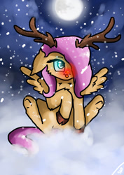 Size: 751x1063 | Tagged: safe, artist:adishu, derpibooru import, fluttershy, pegasus, pony, animal costume, antlers, cloven hooves, costume, female, full moon, mare, moon, reindeer costume, sitting, snow, snowfall, solo, starry night