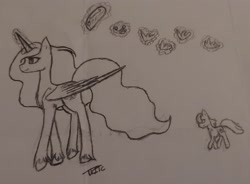 Size: 2357x1731 | Tagged: safe, artist:those kids in the corner, derpibooru import, princess celestia, twilight sparkle, alicorn, pony, unicorn, female, filly, filly twilight sparkle, foal, following, jewelry, magic, old art, regalia, smiling, telekinesis, traditional art, younger