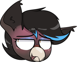 Size: 2453x1970 | Tagged: safe, artist:difis, derpibooru import, oc, oc only, oc:onyx serenade, bird, cat, hybrid, pony, beak, blushing, cute, emote, flustered, hybrid oc, solo, sweat, tongue, tongue out