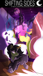 Size: 2100x3712 | Tagged: safe, artist:modularpon, derpibooru import, king sombra, nightmare moon, oc, oc:grim fate, alicorn, unicorn, alternate timeline, armor, cape, castle, clothes, crystal empire, explosion, fanfic, fanfic art, fanfic cover, female, fire, horn, mare, new lunar millennium, nightmare takeover timeline, ponytail, shoes, smoke, solo focus, unicorn oc