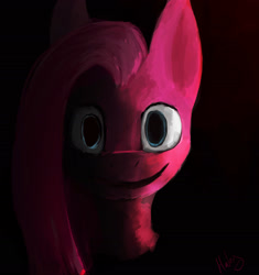 Size: 1708x1819 | Tagged: safe, artist:minckies, derpibooru import, pinkie pie, earth pony, pony, black background, bust, creepy, female, mare, pinkamena diane pie, simple background, smiling, solo