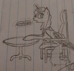 Size: 1737x1686 | Tagged: safe, artist:those kids in the corner, derpibooru import, oc, oc:evergreen, alicorn, pony, chair, eating, female, food, looking back, magic, mare, old art, sandwich, table, telekinesis, traditional art