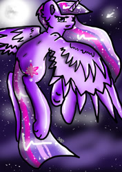 Size: 751x1063 | Tagged: safe, artist:adishu, derpibooru import, twilight sparkle, twilight sparkle (alicorn), alicorn, pony, female, flying, full moon, looking at you, looking back, looking back at you, mare, moon, solo, starry background