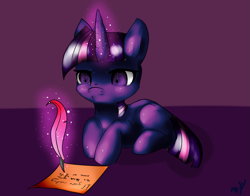 Size: 2763x2171 | Tagged: safe, artist:minckies, derpibooru import, twilight sparkle, unicorn twilight, pony, unicorn, female, filly, foal, glowing, glowing horn, horn, lying down, magic, prone, quill, scroll, signature, solo, telekinesis