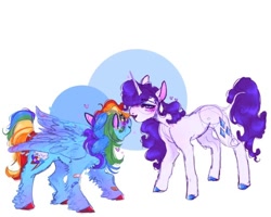Size: 540x432 | Tagged: safe, artist:rareapples, derpibooru import, rainbow dash, rarity, pegasus, unicorn, 2d, colored, digital art, drawing, female, horn, long mane, mare, shipping, simple background, smiling, wings