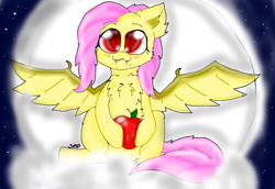 Size: 1024x704 | Tagged: safe, artist:adishu, derpibooru import, fluttershy, bat pony, apple, bat ponified, cloud, fangs, flutterbat, food, full moon, juice, moon, night, on a cloud, race swap, sitting, sitting on cloud, solo, spread wings, wings