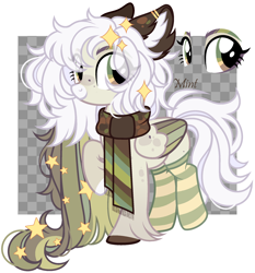 Size: 1980x2120 | Tagged: safe, artist:mint-light, derpibooru import, oc, oc only, pegasus, adoptable, checkered background, clothes, ear fluff, ears, looking at you, male, multicolored coat, multicolored hair, multicolored mane, pegasus oc, raised hoof, raised leg, scarf, signature, smiling, sparkles, stars