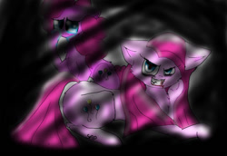 Size: 1024x704 | Tagged: safe, artist:adishu, derpibooru import, pinkie pie, earth pony, pony, crying, duo, fangs, female, looking at you, lying down, mare, pinkamena diane pie, prone, simple background