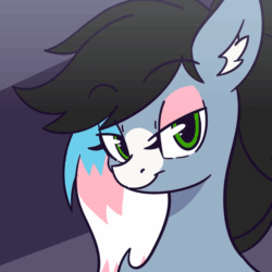 Size: 1200x1200 | Tagged: safe, artist:nova rain, derpibooru import, oc, oc only, oc:starskipper, bat pony, pony, :p, animated, blinking, bust, commission, ear fluff, ears, eyebrows, eyebrows visible through hair, eyeshadow, female, long tongue, makeup, mare, one eye closed, pride, pride flag, simple background, solo, tongue, tongue out, transgender pride flag, wink