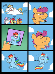 Size: 1024x1366 | Tagged: safe, artist:cookie-lovey, derpibooru import, apple bloom, bulk biceps, rainbow dash, scootaloo, sweetie belle, earth pony, pegasus, pony, unicorn, 2014, bucktooth, cloud, cutie mark crusaders, eyes closed, female, filly, flying, foal, frown, heart attack, hoof hold, looking up, male, mare, photo, sky, smiling, stallion, style emulation, tearing, the fairly oddparents, yeah!!!!!!!!