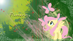 Size: 1920x1080 | Tagged: safe, artist:lugiadriel14, artist:makintosh91, derpibooru import, edit, fluttershy, pegasus, pony, abstract background, cutie mark, female, grass, leaves, lighting, looking up, mare, name, smiling, solo, spread wings, wallpaper, wallpaper edit, watermark, wings