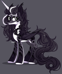 Size: 3156x3774 | Tagged: safe, artist:mint-light, derpibooru import, oc, oc only, alicorn, bat pony, bat pony alicorn, alicorn oc, ambiguous gender, bat ears, bat wings, black coat, countershading, eyeshadow, grimace, hair braid, horn, looking at you, makeup, mottled coat, pale belly, signature, slim, sparkles, thin, white belly, white hooves, wings